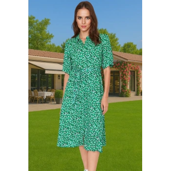 Kadın Şık Midi Boy Viskoz Elbise Animal Desenli Kuşak Detayı Casual Rahat Kullanım Şık Görünüm