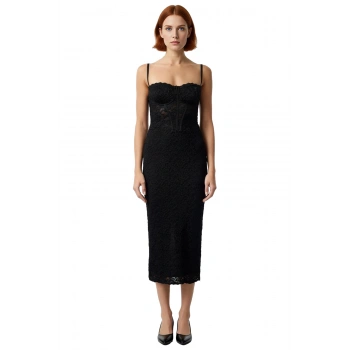 Kadın Şık Midi Elbise Astarlı Bodycon Kalıp Kalp Yaka Dantel Detaylı Özel Davetler İçin Kolsuz