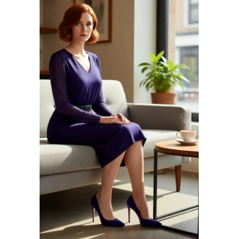 Kadın Şık Mor Düz Desen V Yaka Uzun Kollu Midi Elbise Bodycon Kalıp Büzgü Detaylı Astarlı Kaliteli