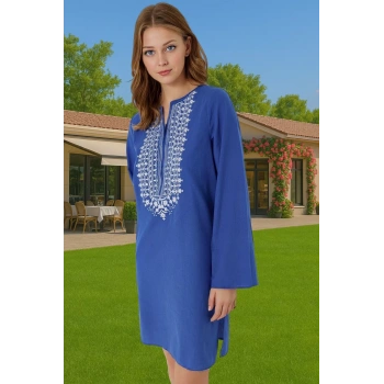 Kadın Şık Nakışlı Uzun Kollu Pamuklu Plaj Elbisesi Özel Tasarım Profesyonel Görünüm Kaliteli İşçilik