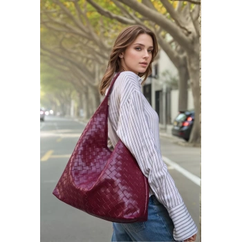 Kadın Şık Örgü Desenli Suni Deri Geniş Omuz Çantası Günlük Kullanım Özenle Seçilmiş Modern Stil