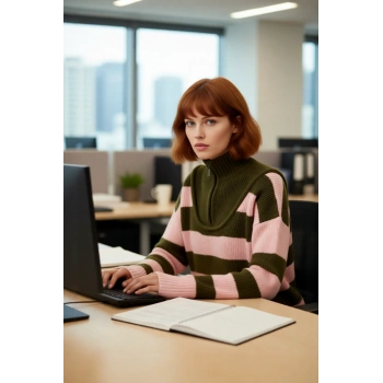 Kadın Şık Oversize Kalın Triko Kazak Selanik Dokuma Çizgili Dik Yaka Düşük Kol Kış Stili Kaliteli