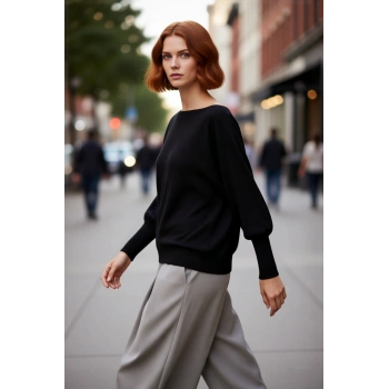 Kadın Şık Oversize Kayık Yaka Triko Kazak Zarif Yarasa Kol Tasarımı Kışlık Kombinlerin Yıldızı