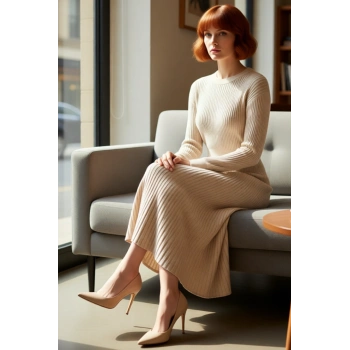 Kadın Şık Ribana Dokulu Maxi Elbise Skater Kalıp Bisiklet Yaka Uzun Kollu Kış Günleri İçin İdeal