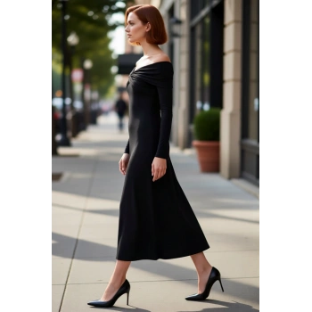 Kadın Şık Siyah Carmen Yaka Düşük Kollu Uzun Maxi Örme Elbise A Line Kalıp Drape Detaylı Kaliteli