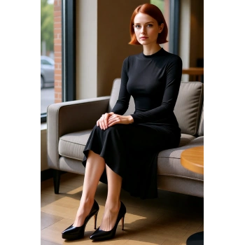 Kadın Şık Siyah Maxi Boy Dik Yaka Uzun Kollu Fırfırlı Etekli Kalın Sandy Örme Elbise Kaliteli