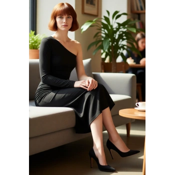 Kadın Şık Tek Omuz Asimetrik Yaka Uzun Kol Bodycon Örme Maxi Elbise Aksesuar Detaylı Astarlı