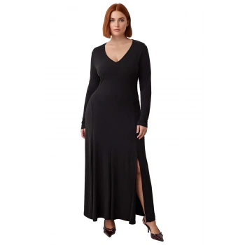 Kadın Şık V Yaka Düz Örme Maxi Elbise Uzun Kollu A Kesim Kış Ve Geçiş Mevsimleri İçin İdeal