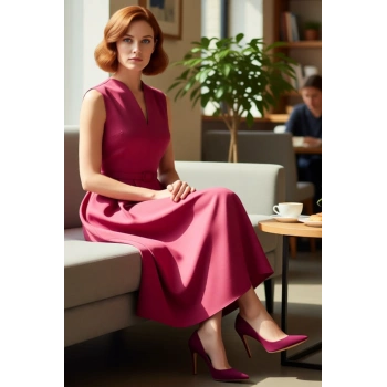 Kadın Şık V Yaka Kemerli Maxi Elbise Skater Kesim Saten Dokusuyla Özel Günler İçin İdeal Kaliteli