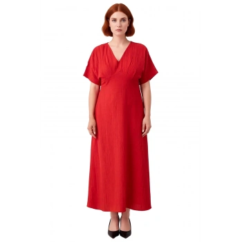 Kadın Şık V Yaka Kısa Kol A Line Büyük Beden Maxi Elbise Dokuma Crinkle Kumaş Rahat Giy Çık