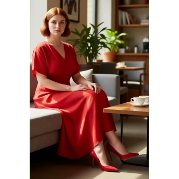 Kadın Şık V Yaka Kısa Kol A Line Büyük Beden Maxi Elbise Dokuma Crinkle Kumaş Rahat Giy Çık