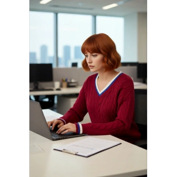 Kadın Şık V Yaka Kolej Temalı Triko Kazak Regular Kalıp Rahat Kullanım Orta Kalınlık Gündelik