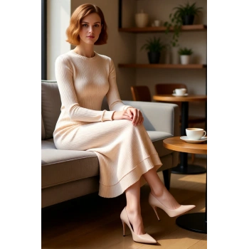 Kadın Şık Ve Konforlu Fitilli Triko Elbise Dik Yaka Uzun Kol Midi Boy Modern Günlük Stil Kaliteli