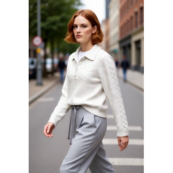 Kadın Şık ve Konforlu Günlük Regular Kalıp Polo Yaka Saç Örgü Triko Kışlık Kazak Kaliteli