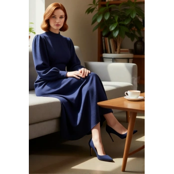 Kadın Şık ve Rahat Lacivert Düz Desen Aerobin Dokuma Balon Kol Dik Yaka Maxi Elbise Kaliteli