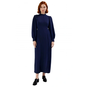 Kadın Şık ve Rahat Lacivert Düz Desen Aerobin Dokuma Balon Kol Dik Yaka Maxi Elbise Kaliteli