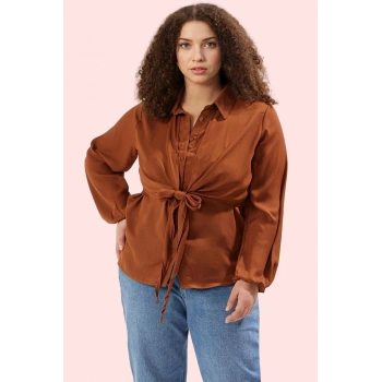 Kadın Şık ve Rahat Uzun Kollu Gömlek Belden Bağlamalı Günlük İş Yaz Aylarının Vazgeçilmezi