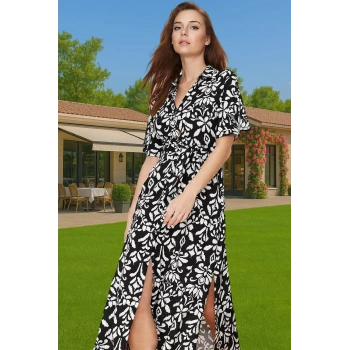 Kadın Şık Viskoz Midi Gömlek Elbise Kuşaklı Çiçek Desenli Yazlık Premium Kalite Kaliteli İşçilik