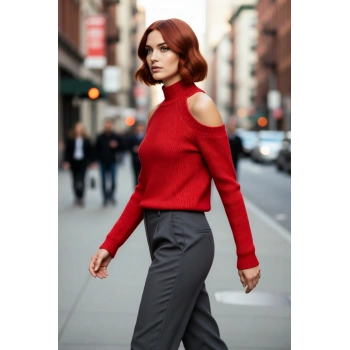 Kadın Sim Detaylı Dik Yaka Regular Kalıp Reglan Kol Triko Omuz Kesimli Soğuk Hava Kazağı Kaliteli