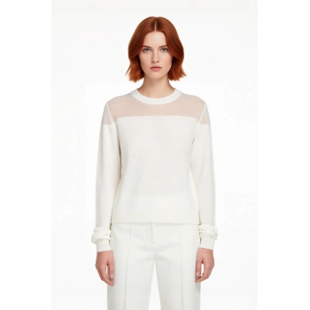 Kadın Simli Transparan Detaylı Bisiklet Yaka İnce Triko Kazak İlkbahar Sonbahar Günlük Şıklık