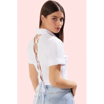 Kadın Sırt Bağcıklı Crop Gömlek Terrycotton Dokuma Günlük Kullanım İçin Rahat Kesim Hafta Sonu