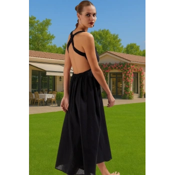 Kadın Sırt Dekolteli Midi Boy Pamuk Elbise Skater Kalıp Yazlık Trend Tasarım Mükemmel Uyum