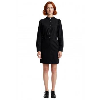 Kadın Siyah %100 Pamuk Dik Yaka Uzun Kollu Rahat Kesim Dokuma Mini Elbise Kış Sezonu İçin İdeal