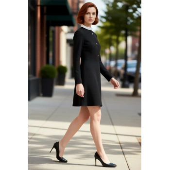 Kadın Siyah A Kesim Dokuma Dik Yaka Uzun Kollu Düğmeli Mini Elbise Smart Şık Gündüz Gece Kombinleri