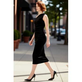 Kadın Siyah Asimetrik Yaka Tek Omuz Kadife Bodycon Maxi Abiye Elbise Özel Davet Şıklığı Kaliteli