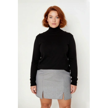 Kadın Siyah Balıkçı Yaka Düğme Detaylı Regular Kalıp İnce Triko Kazak Şık Kışlık Kombinler İçin