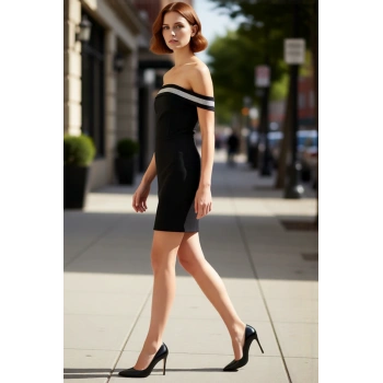 Kadın Siyah Bodycon Carmen Yaka Taş Aksesuar Detaylı Mini Abiye Gece Elbisesi Şık Tasarım Kaliteli