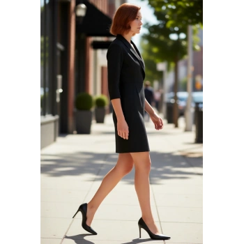 Kadın Siyah Bodycon Ceket Yaka Mini Elbise Dokuma Kumaş Kemer Detaylı Zarif Tasarım Stili Kaliteli