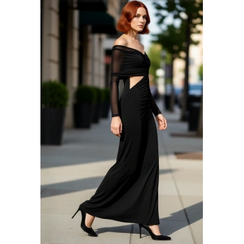Kadın Siyah Bodycon Kayık Yaka Maxi Uzun Kol Cut Out Detaylı Şık Abiye Elbise Mezuniyet Baloları