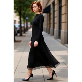 Kadın Siyah Bodycon Kayık Yaka Uzun Kollu Astarlı Maxi Boy Asimetrik Tül Detaylı Örme Elbise