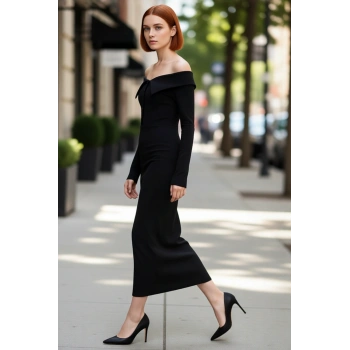 Kadın Siyah Bodycon Maxi Elbise Carmen Yaka Düşük Kol Kışlık Düz Örme Şıklığı Sunar Kaliteli