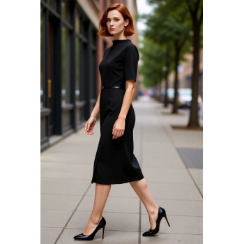 Kadın Siyah Bodycon Midi Elbise Dik Yaka Truvakar Kol Kemerli Smart Tasarım Örme Kumaş Detaylı