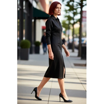 Kadın Siyah Bodycon Midi Elbise Polo Yaka Tam Fermuar Detaylı Uzun Kollu Şık Örme Tasarım Kaliteli