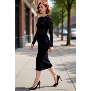 Kadın Siyah Bodycon Midi Triko Elbise Uzun Kollu Bisiklet Yaka Şık Transparan Detaylı Modern Kışlık