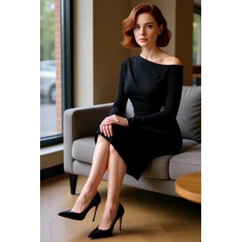 Kadın Siyah Bodycon Siluet Asimetrik Yaka Uzun Kollu Elbise Sandy Dokuma Şık Akşam Kıyafeti