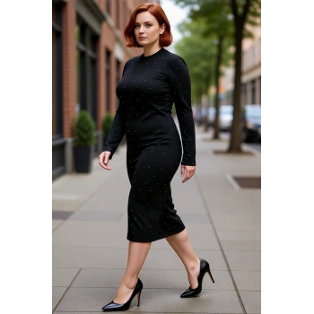 Kadın Siyah Bodycon Triko Midi Elbise Bisiklet Yaka Taş Detaylı Uzun Kol Kışlık Şık Seçim Kaliteli