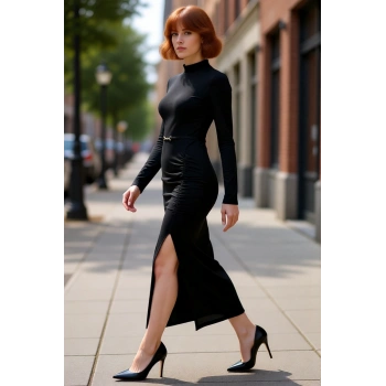 Kadın Siyah Bodycon Uzun Kollu Dik Yaka Maxi Elbise Aksesuar Detaylı Kış Şıklığı Gündüzden Geceye