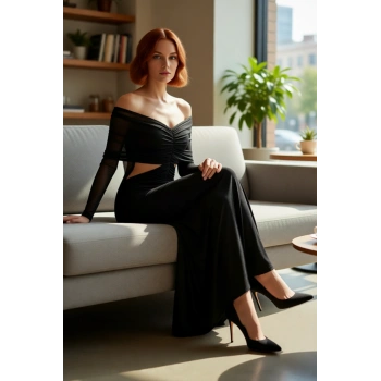 Kadın Siyah Bodycone Kesim Omuzları Açık Uzun Tül Kollu Abiye Maxi Elbise Özel Davet Şıklığı