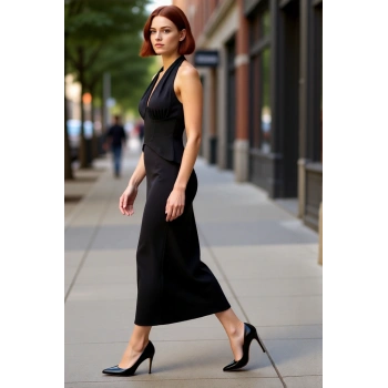 Kadın Siyah Boyundan Bağlama Detaylı Shift Kalıp Maxi Abiye Elbise Yaz Akşamları İçin İdeal