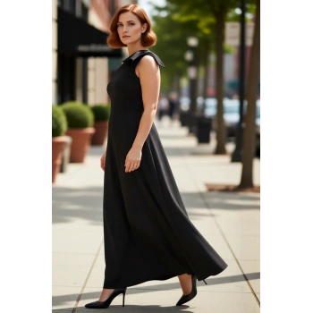 Kadın Siyah Büyük Beden A Line Abiye Maxi Elbise Asimetrik Tek Omuz Fiyonklu Zarif Dokuma Kaliteli