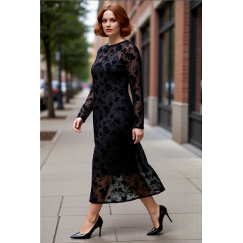 Kadın Siyah Çiçekli A Line Maxi Boy Tül Elbise Uzun Kollu Bisiklet Yaka Şık Büyük Beden Stil