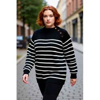 Kadın Siyah Çizgili Bisiklet Yaka Triko Kazak Gold Düğme Detaylı Şardon Akrilik Kışlık Şıklık