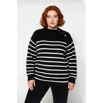 Kadın Siyah Çizgili Gold Düğme Detaylı Şardon Akrilik Bisiklet Yaka Triko Kazak Kışlık Günlük Giyim