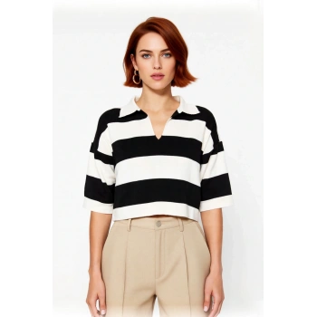 Kadın Siyah Çizgili Polo Yaka Crop Triko Bluz İlkbahar Sonbahar Günlük Şık Rahat Tasarım Kaliteli