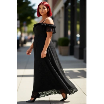 Kadın Siyah Dantelli A Kesim Maxi Abiye Elbise Carmen Yaka Düşük Kol Özel Davet Şıklığı. Kaliteli