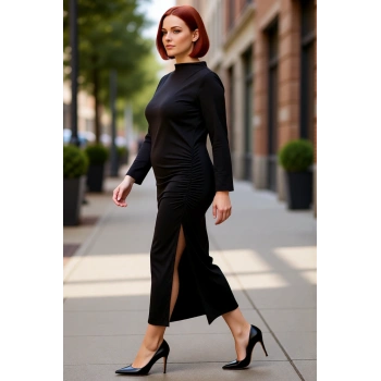 Kadın Siyah Dik Yaka Maxi Boy Yırtmaç Detaylı Uzun Yarasa Kol Örgü Büyük Beden Shift Elbise